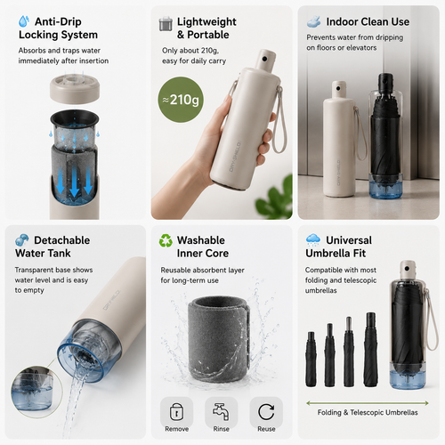 DRY-SHIELD Foldable Umbrella Water-Blocking Storage Tube – No Drip Carry System